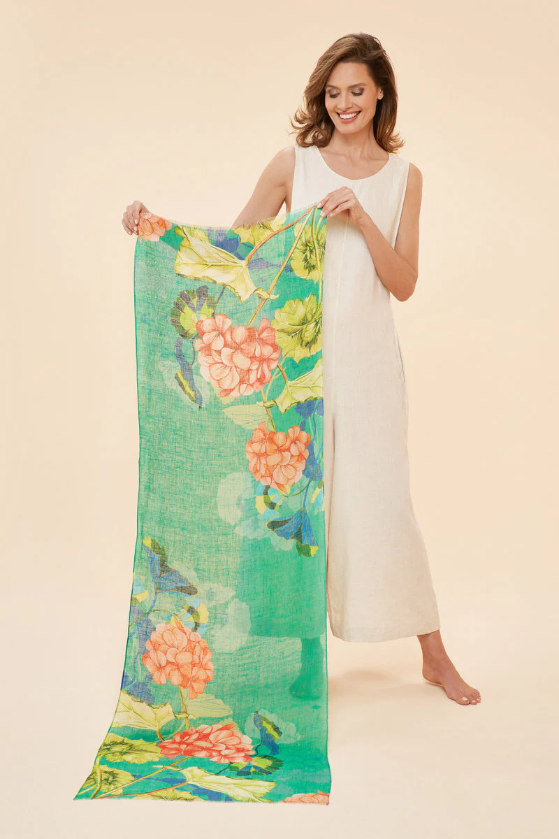 100% Linen Rosy Genarniums Scarf - Image 2