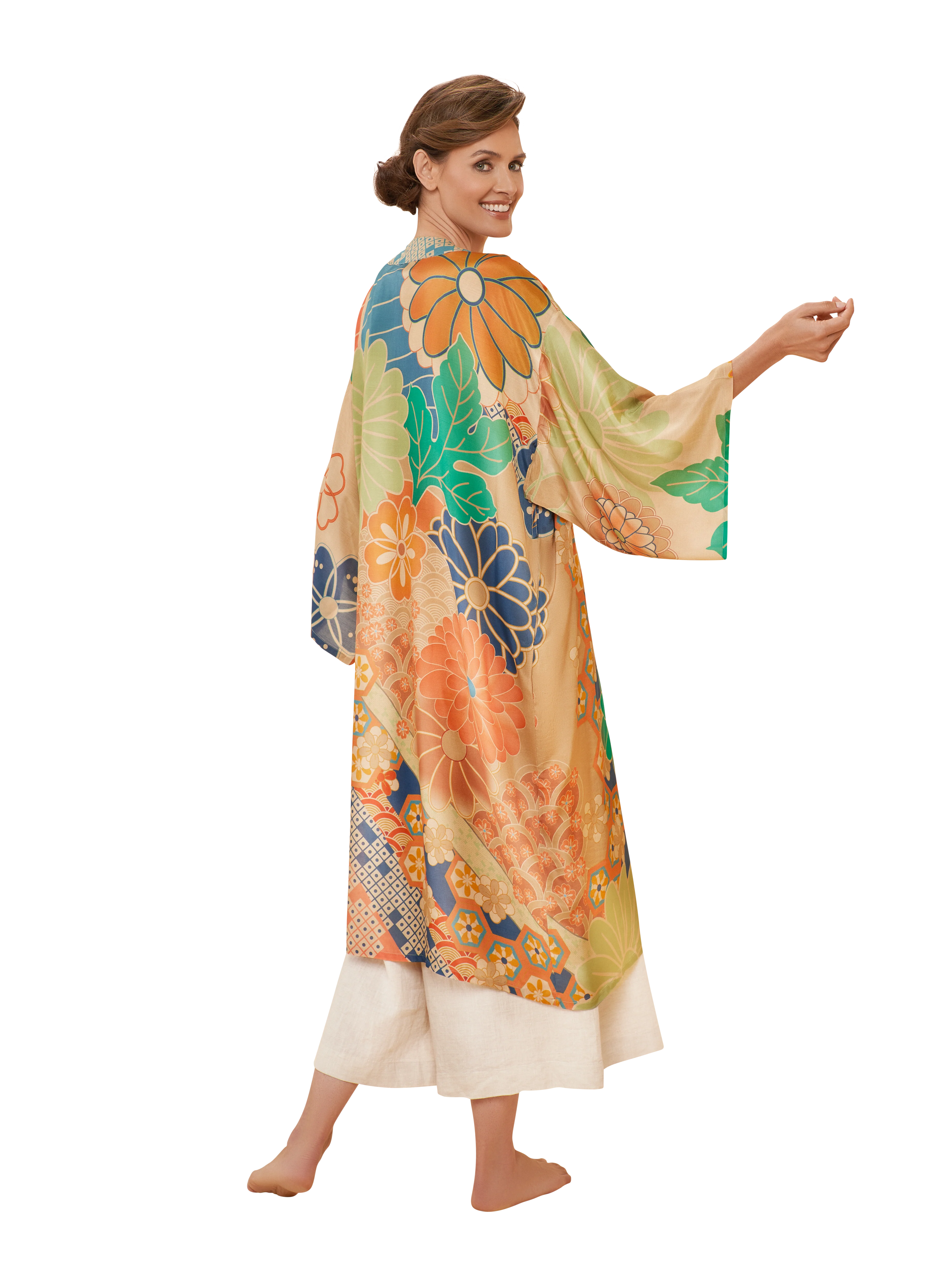 70s Kaleidoscope Floral Kimono Gown in Coconut