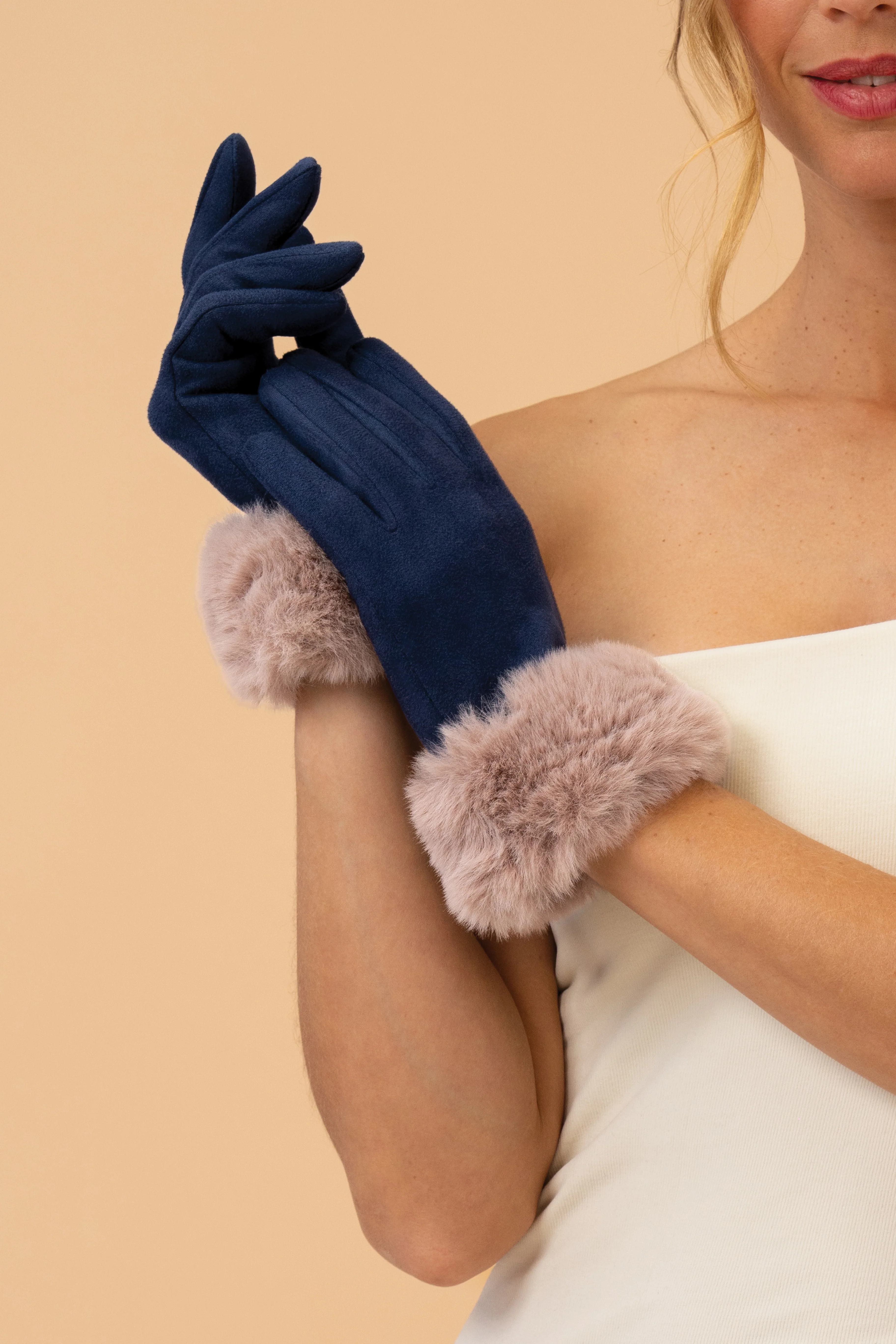Bettina Faux Suede & Faux Fur Gloves - Navy/Taupe