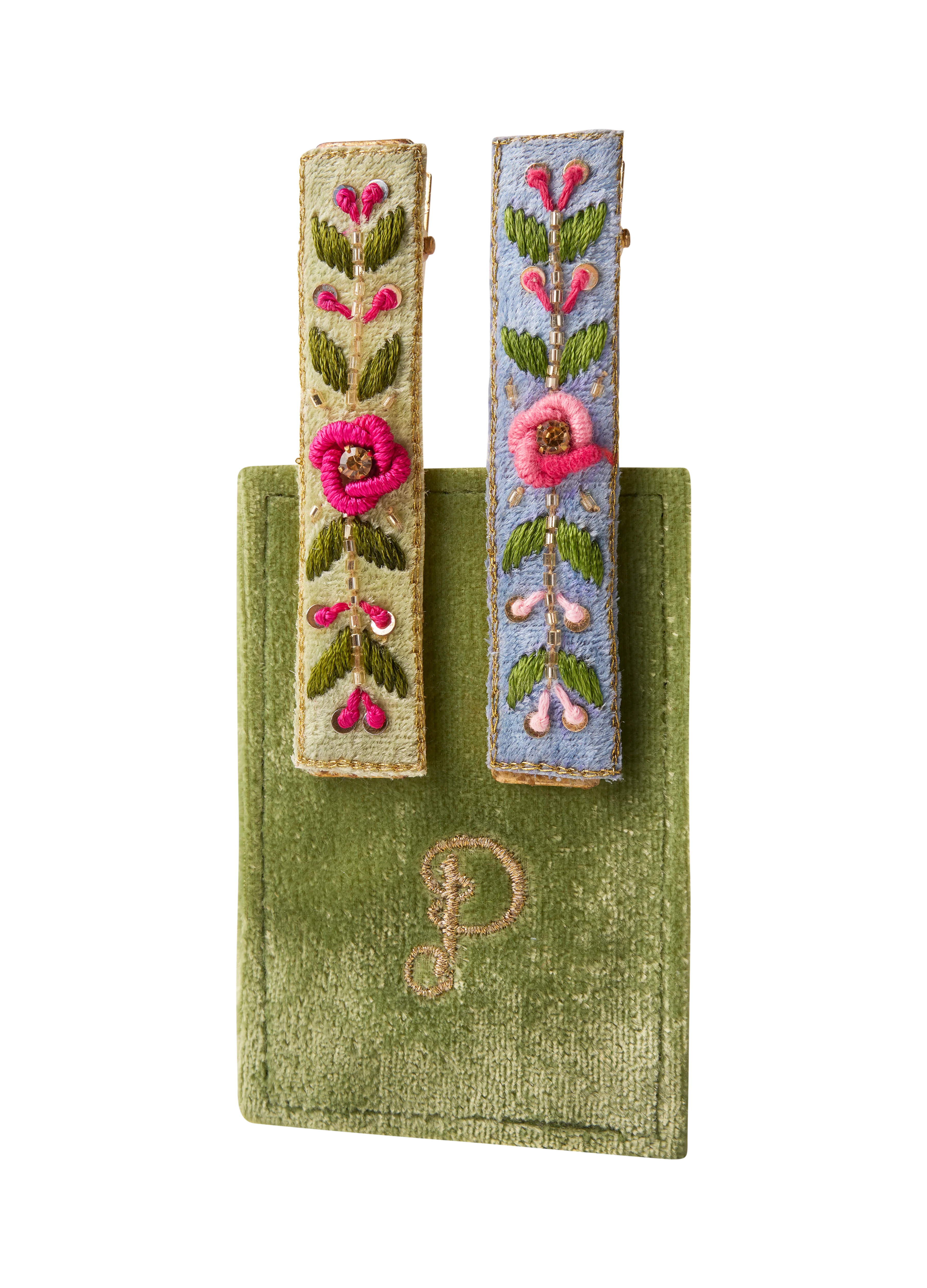 Embroidered Hair Bars -Mint/Cornflower Floral Vines