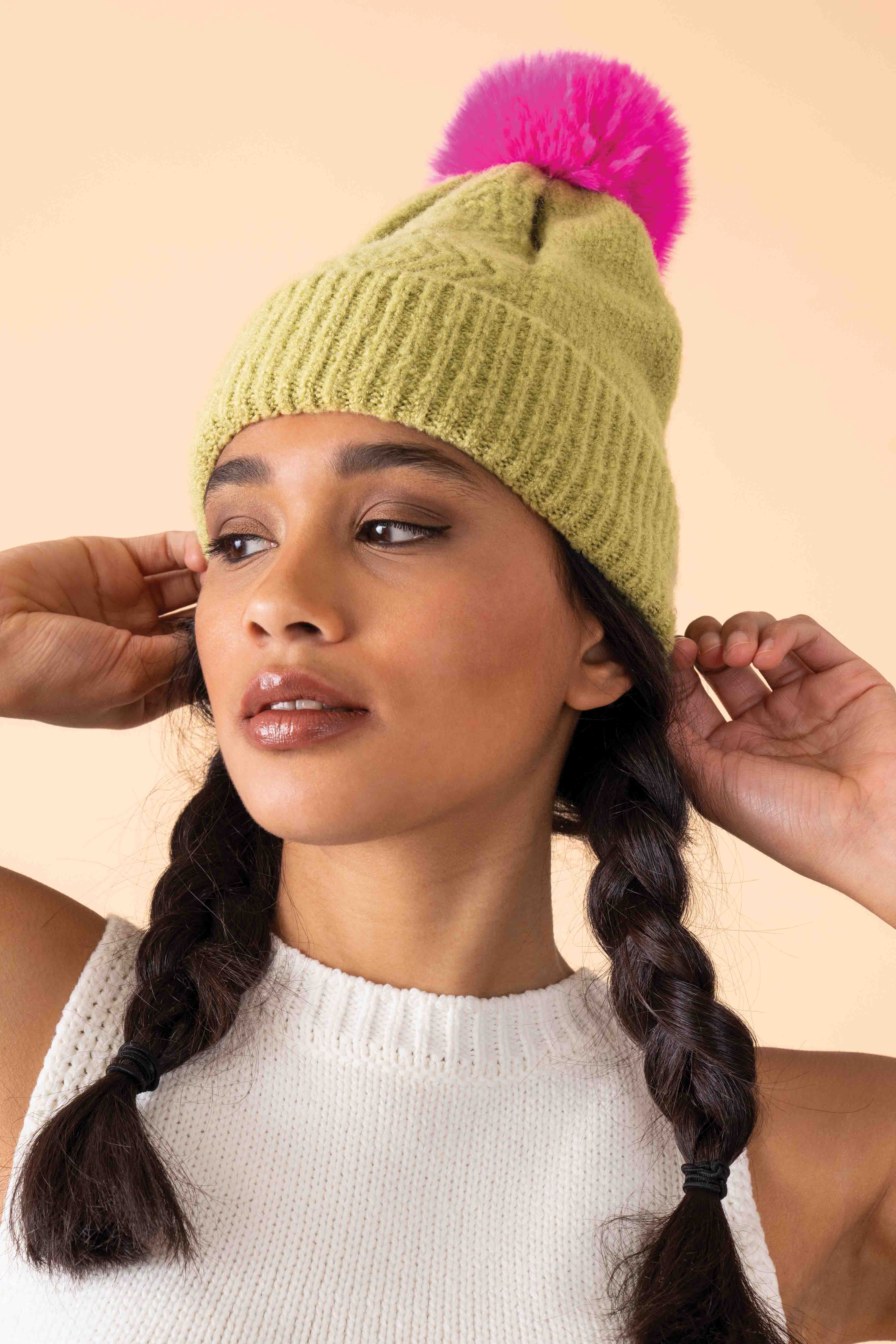 Ingrid Bobble Hat - Lime and Fuchsia