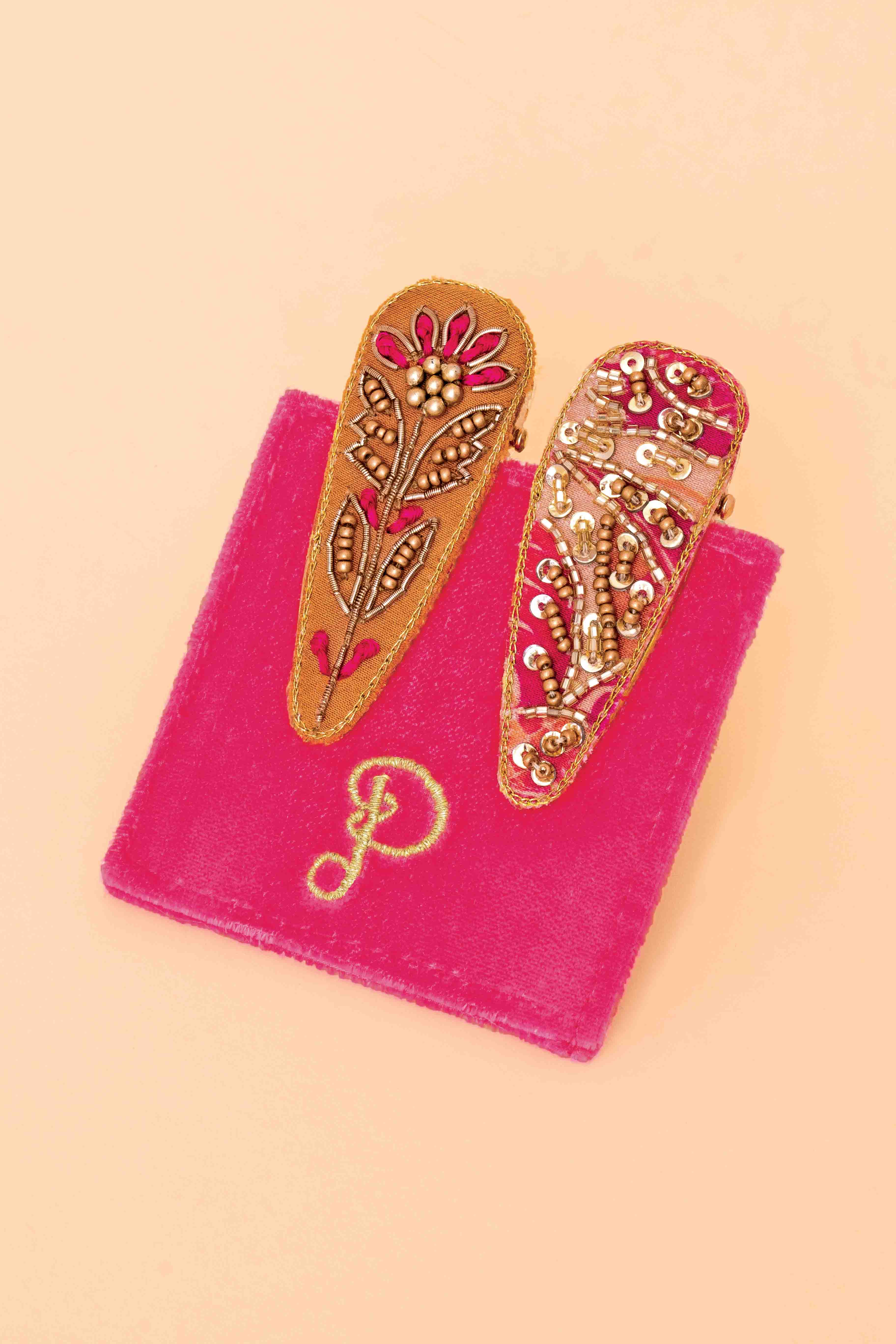 Jewelled Hair Clips - Floral Stem 60's Abstract