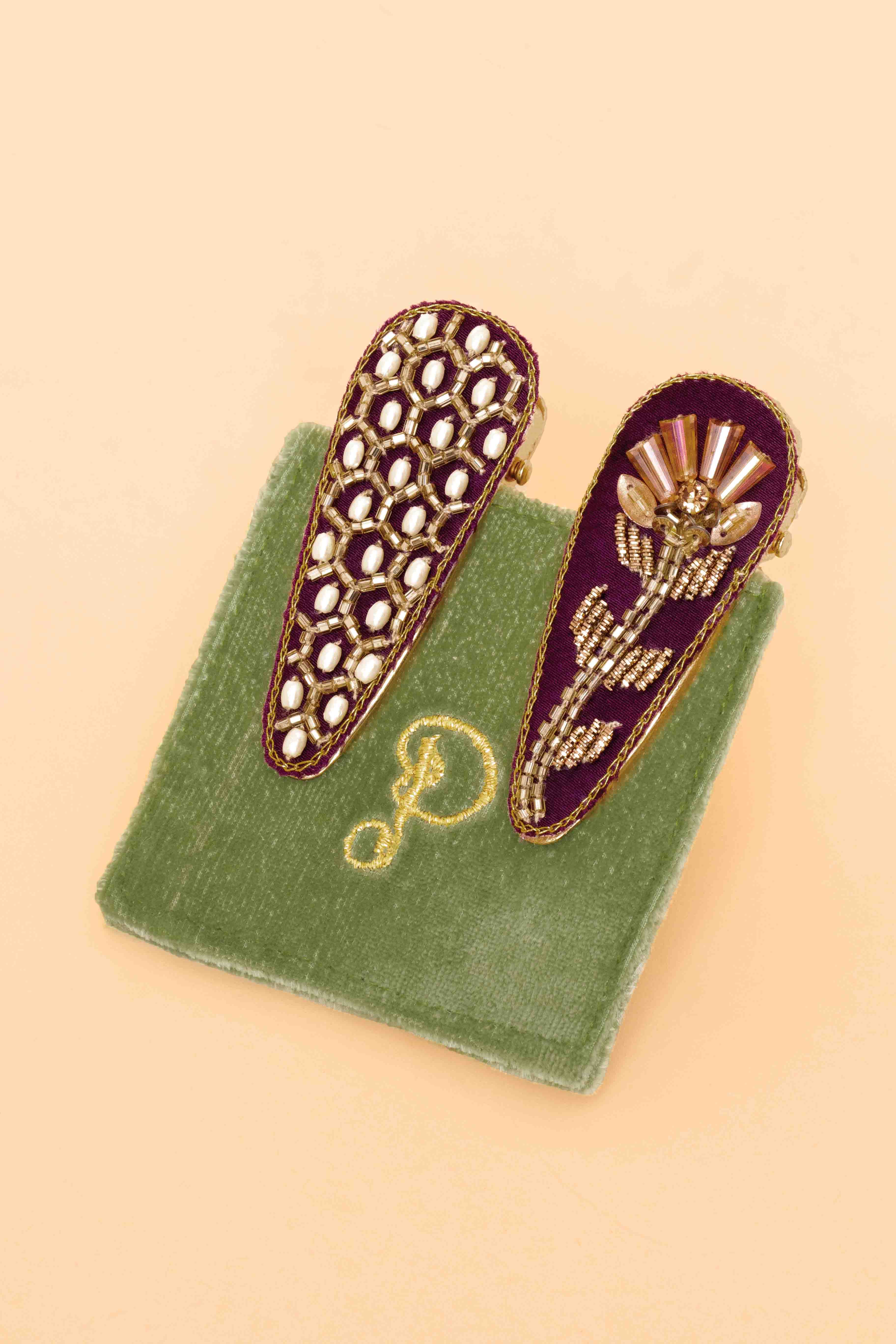 Jewelled Hair Clips Hexagon/Floral Stem in Damson