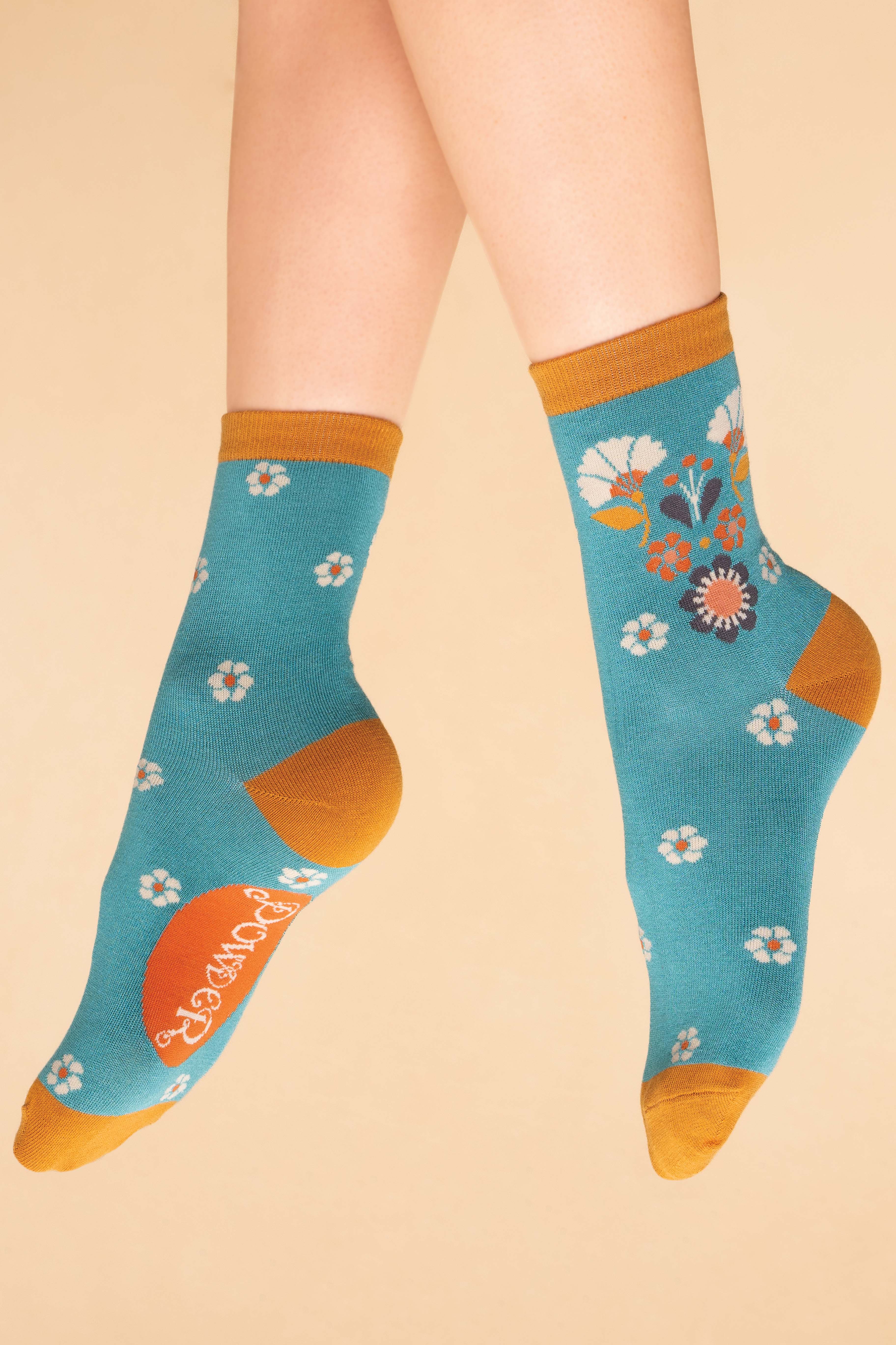 Ladies Ankle Socks - Art Deco Floral in Aqua