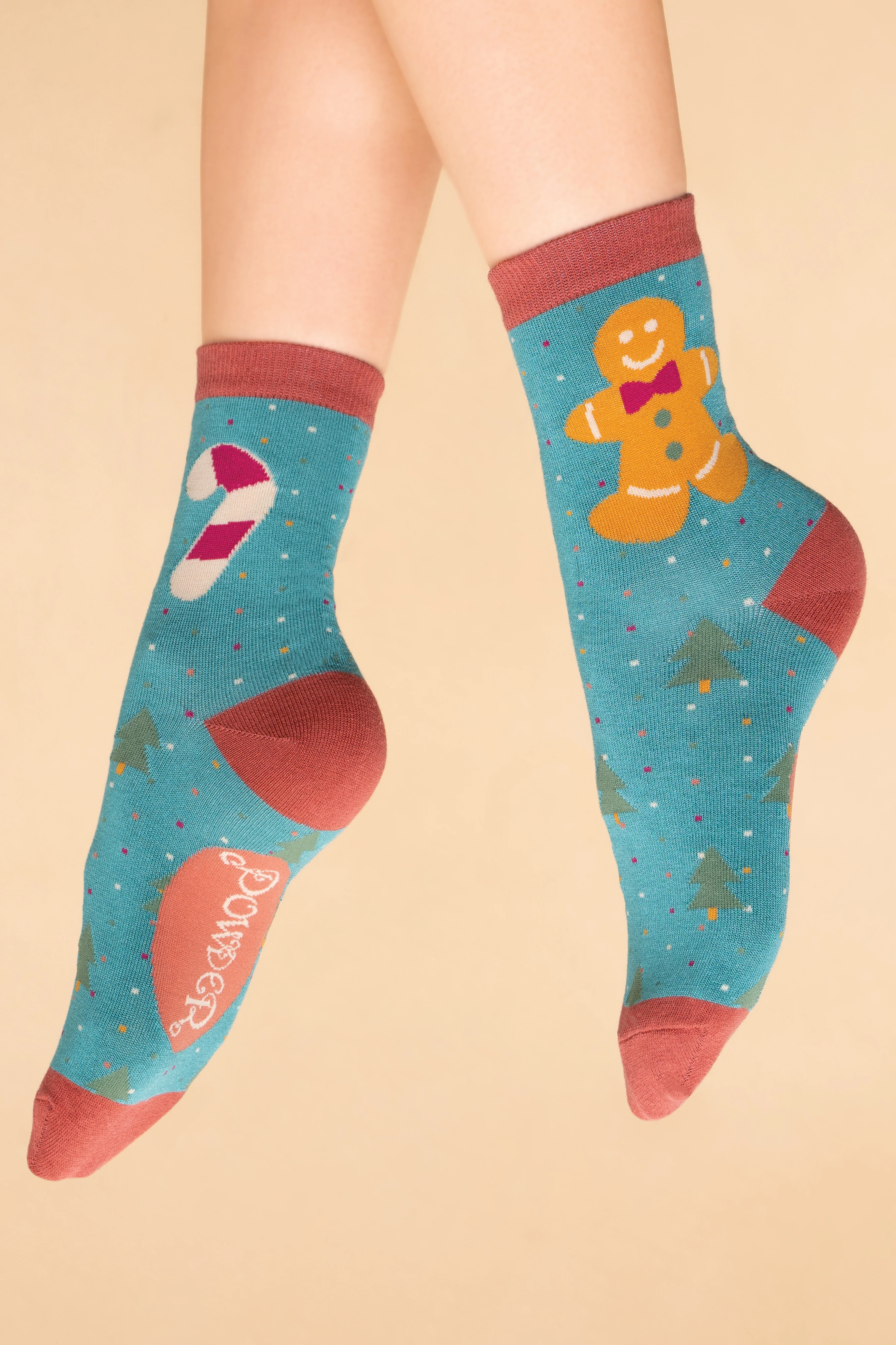 Ladies Ankle Socks - Gingerbread Man in Aqua