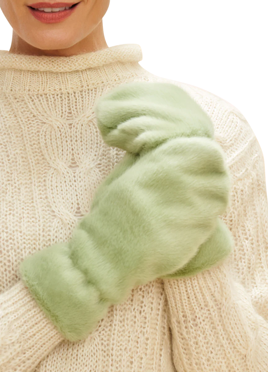 Ladies Fluffy Teddy Mittens - Sage