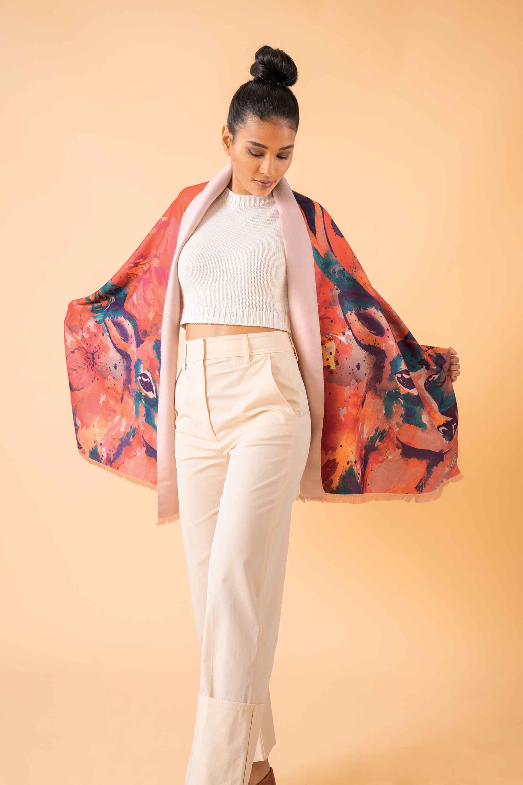 Luxurious Tangerine Floral Stag Scarf