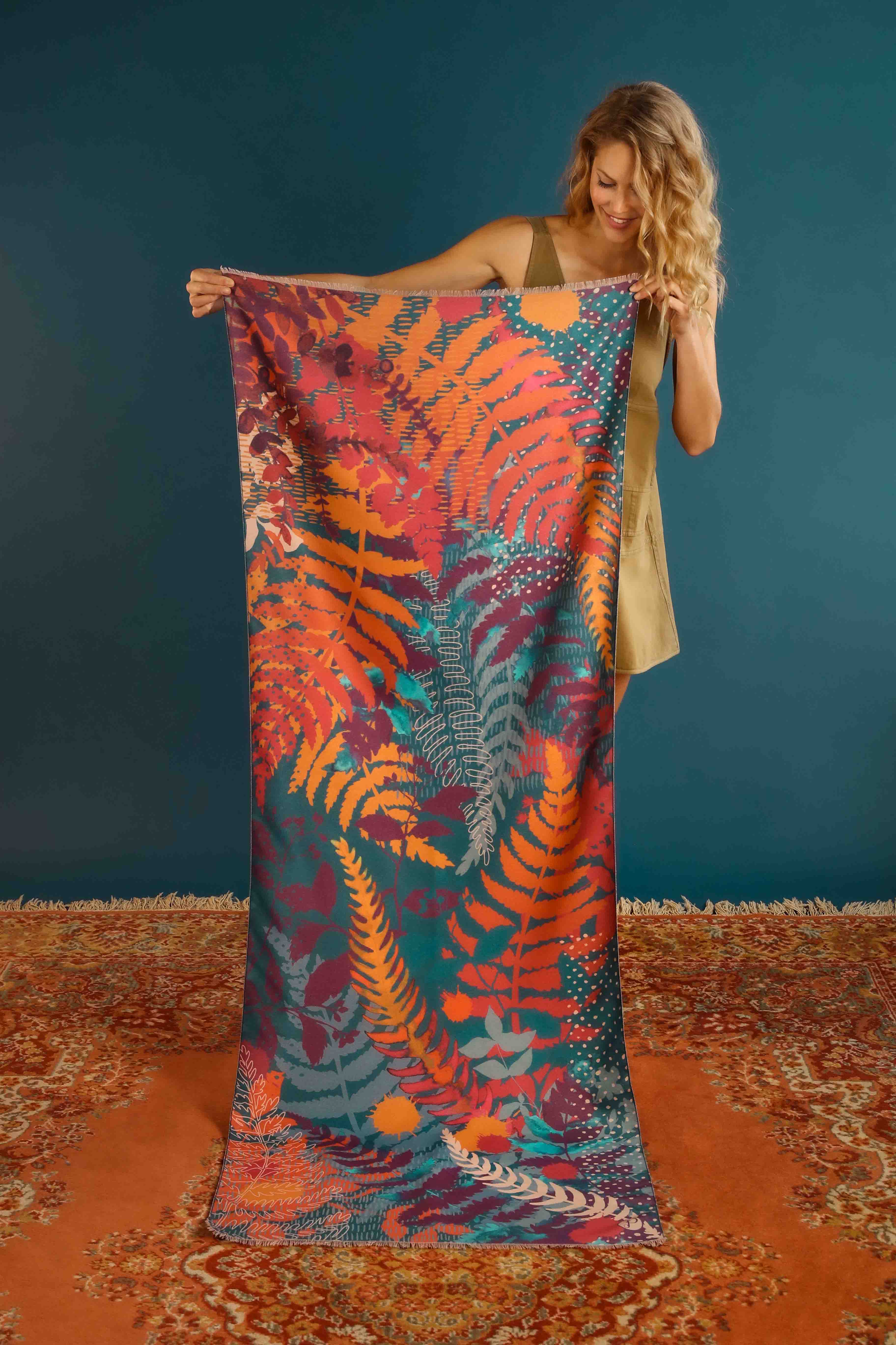 Luxurious Teal Forest Foliage Scarf