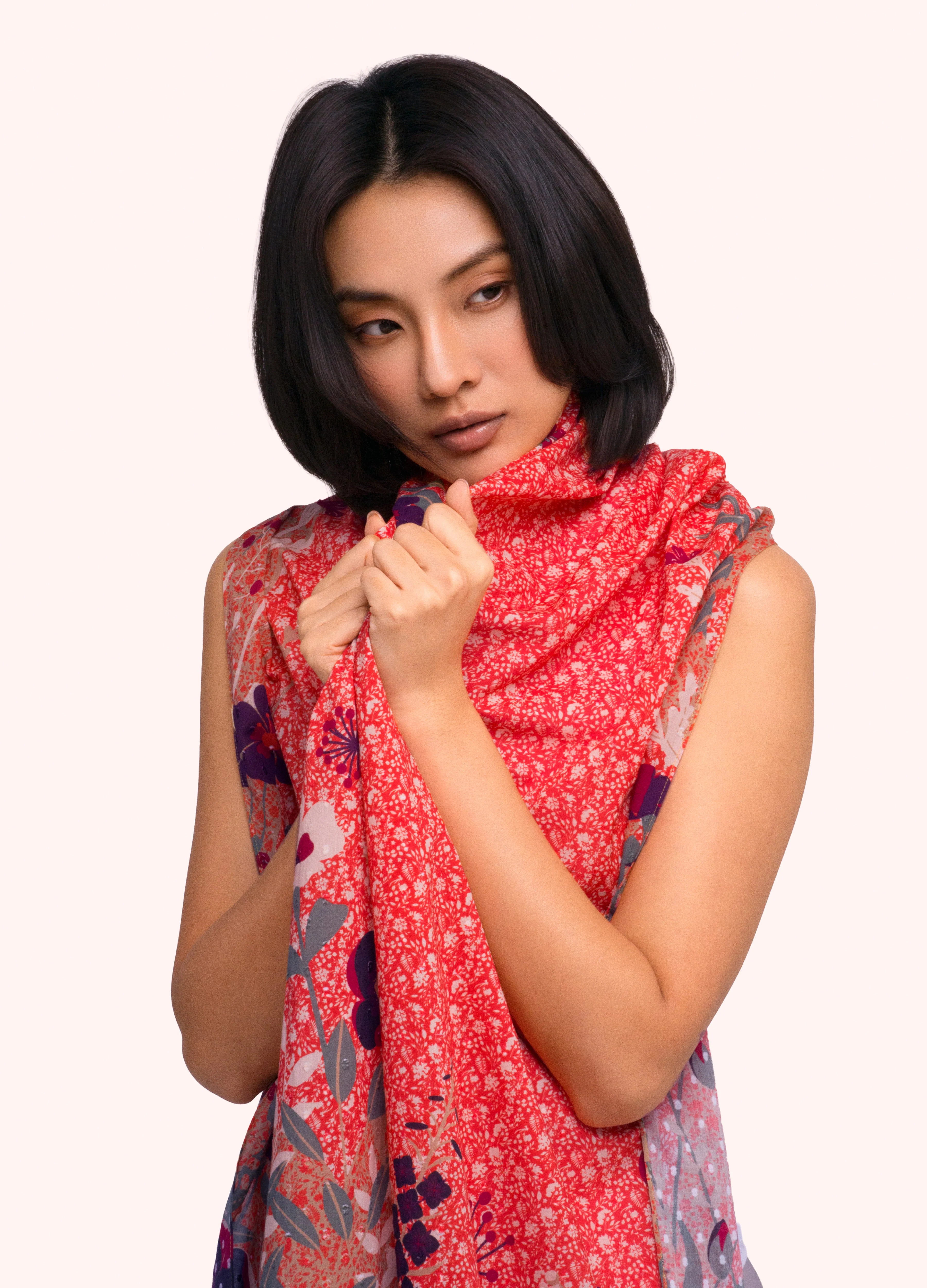 *AW26* Cotton Poplin Print Scarf - Floral Hedgerow, Tangerine