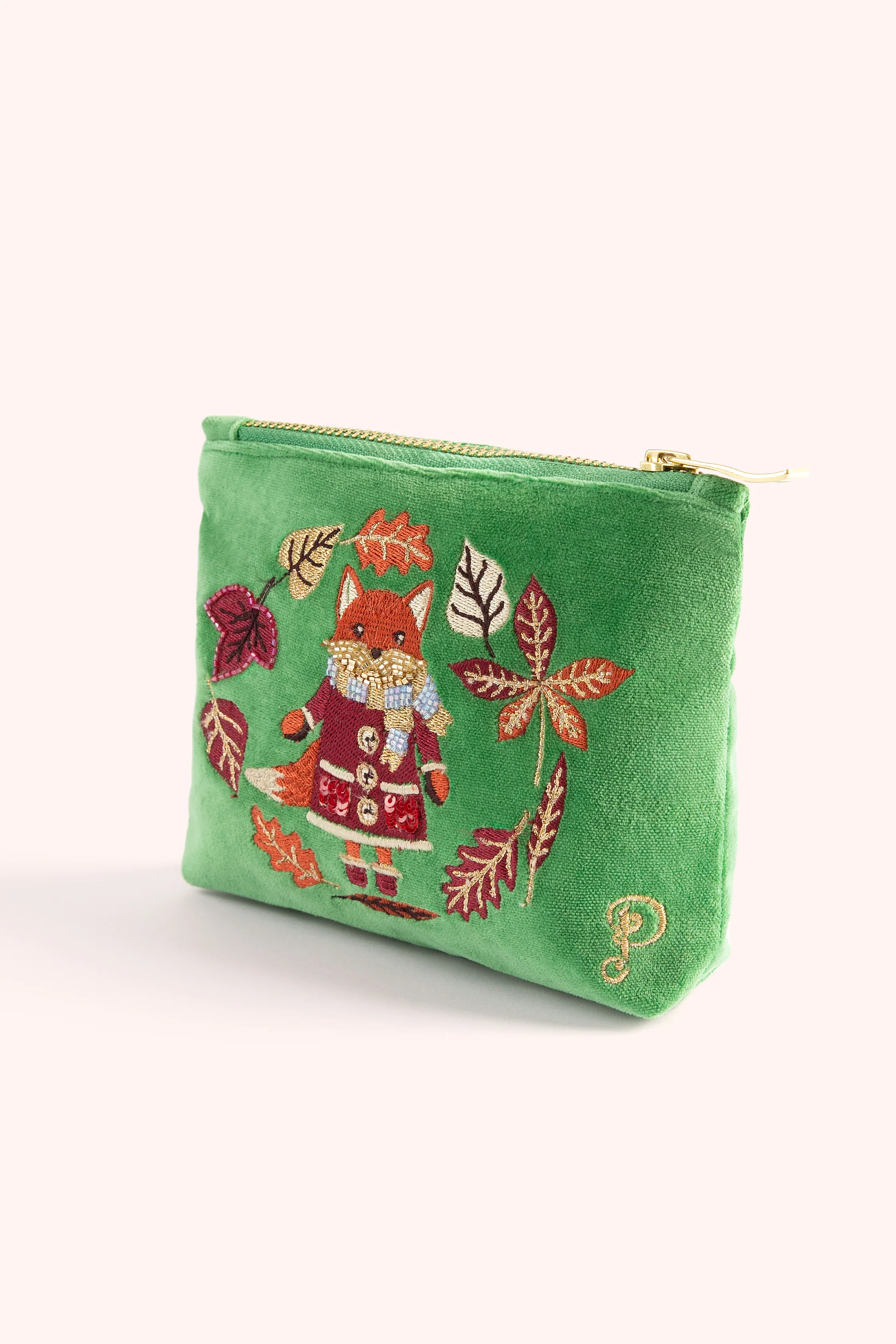 Embroidered Velvet Mini Pouch - Cosy Fox