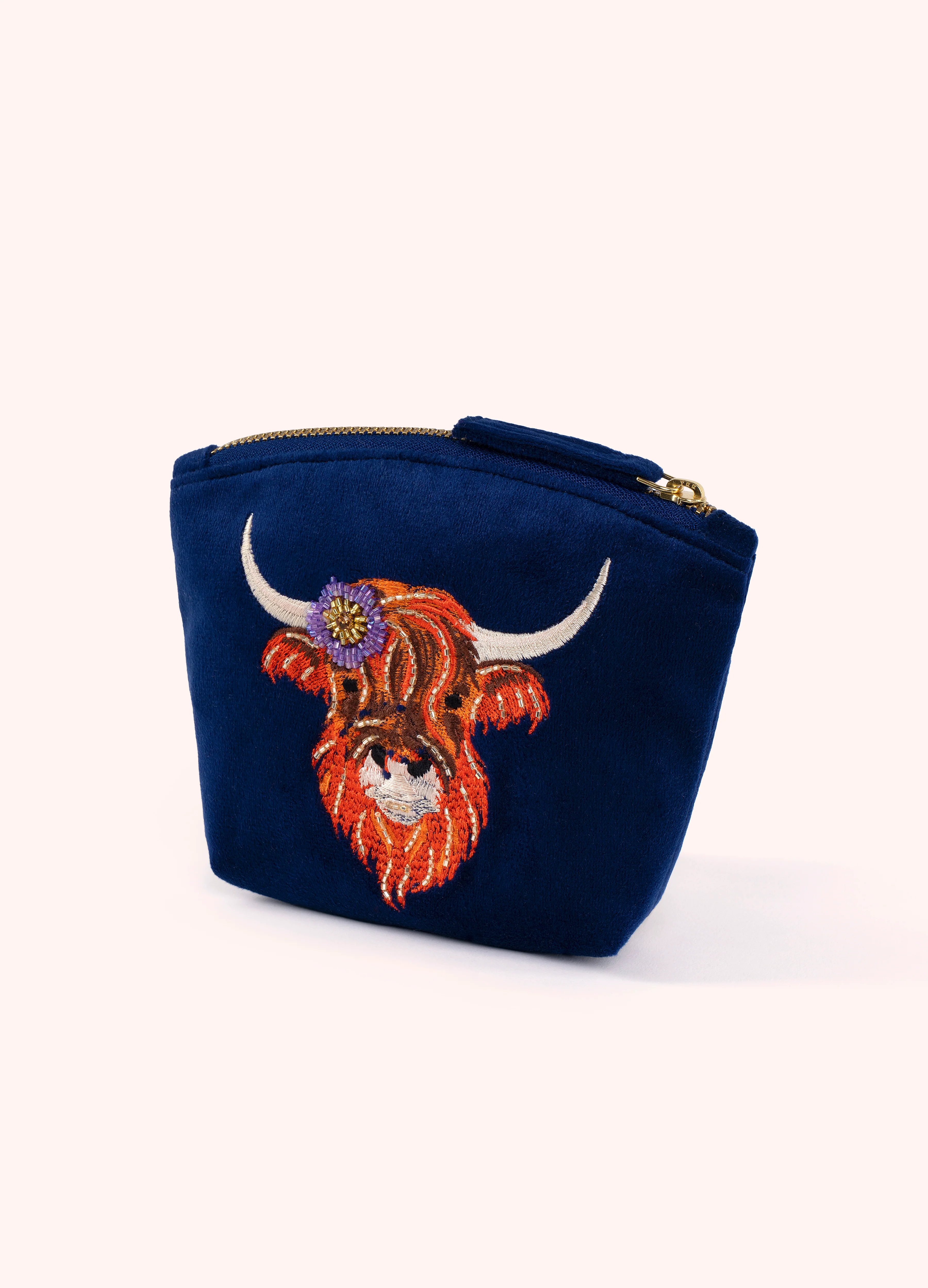 Embroidered Velvet Mini Pouch - Highland Cow
