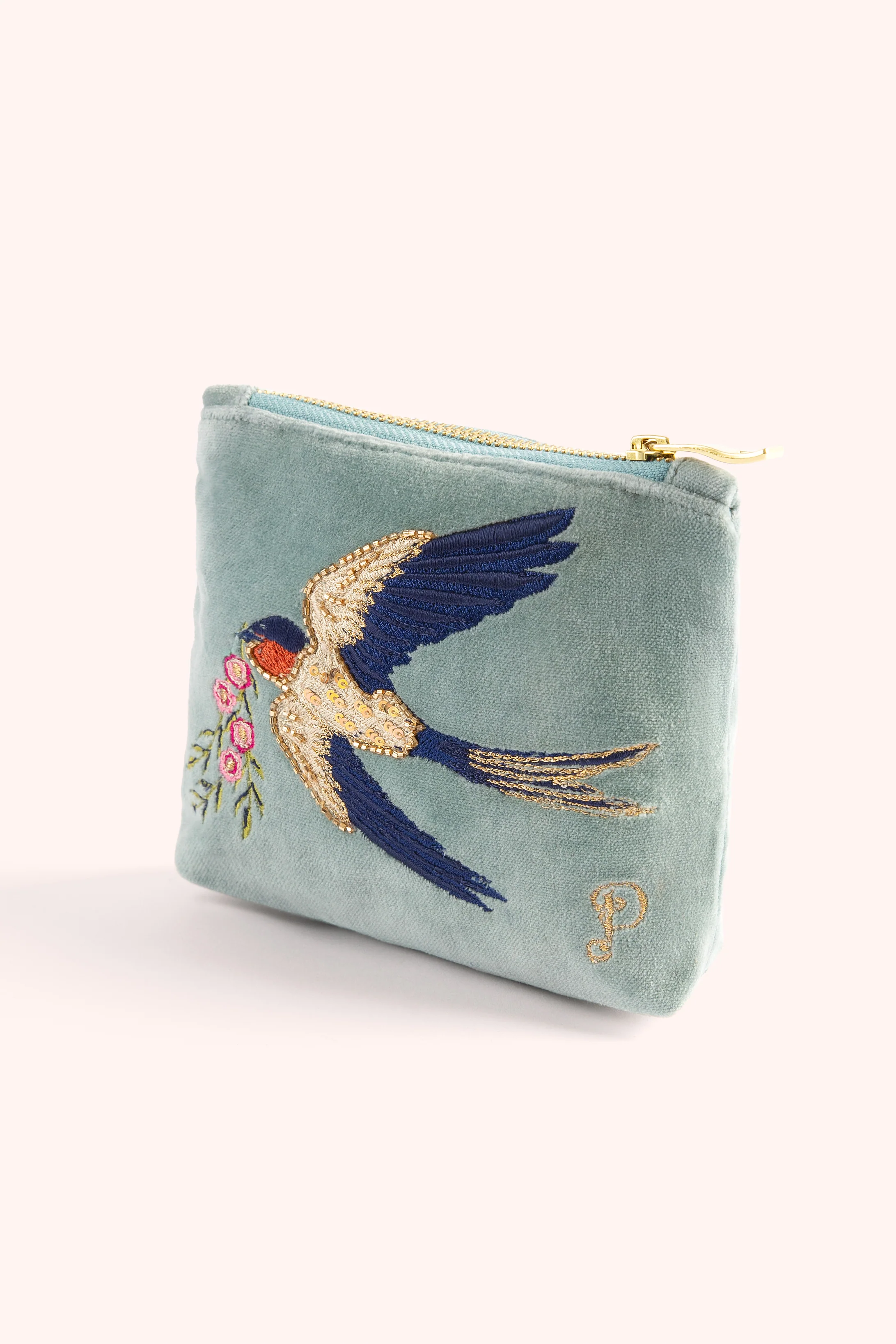 Embroidered Velvet Mini Pouch - Swooping Swallows