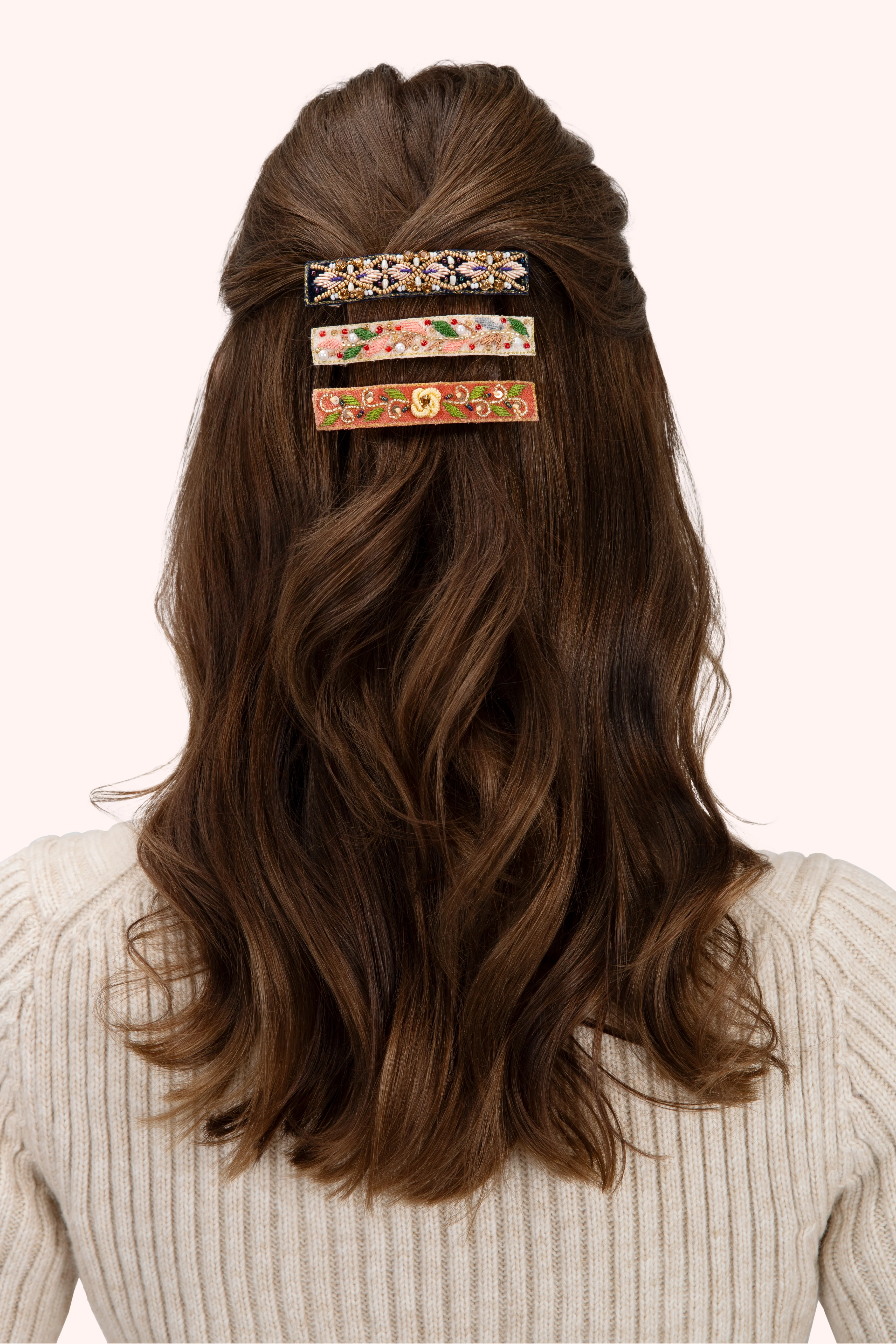 Hair Barette - Tangerine Floral, Teal - Image 2
