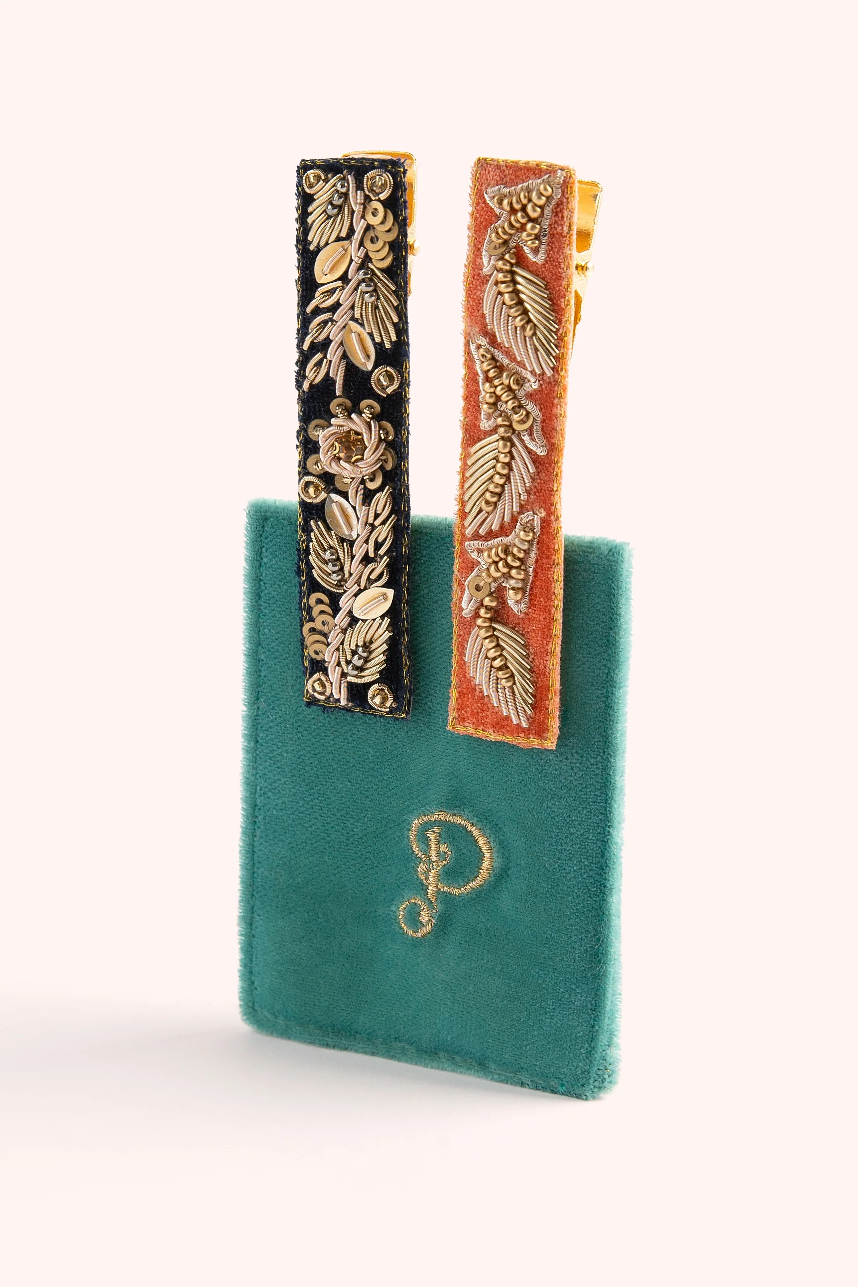 Hairclips - Navy & Tangerine Leaves