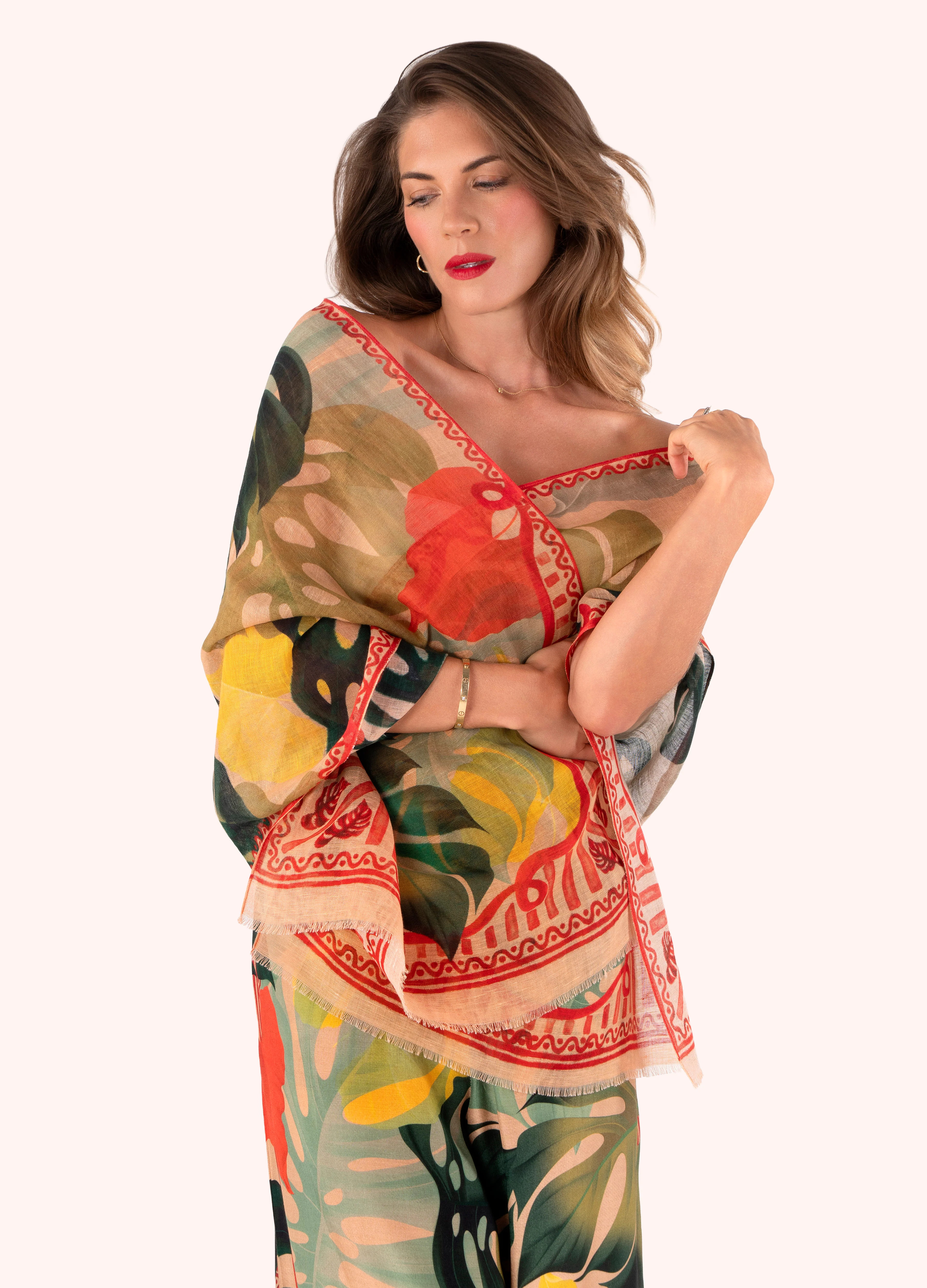 Linen/Cotton Scarf - Exotic Leaves