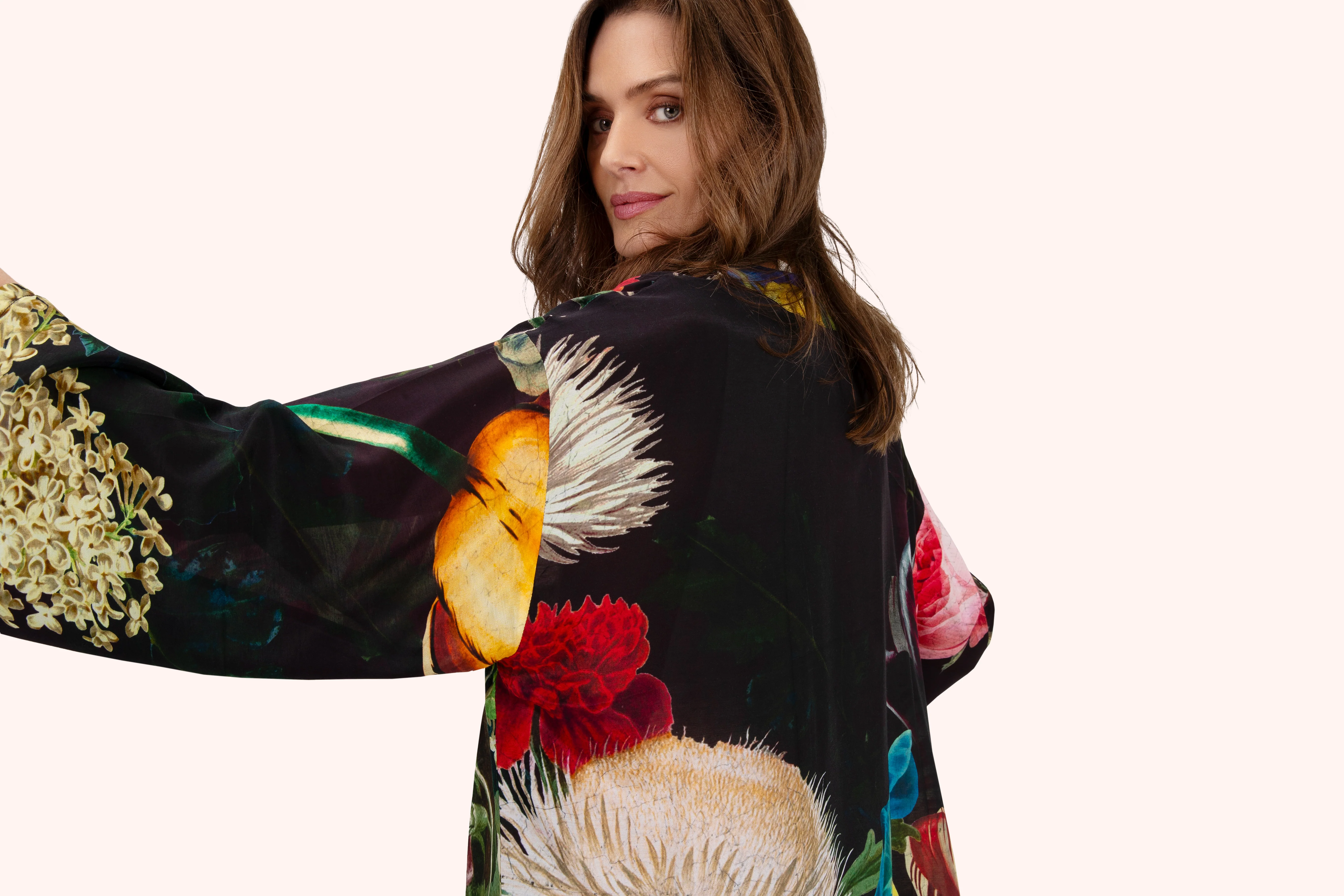 Mid-Length Kimono - Opulant Florals, Chocolate - Image 4