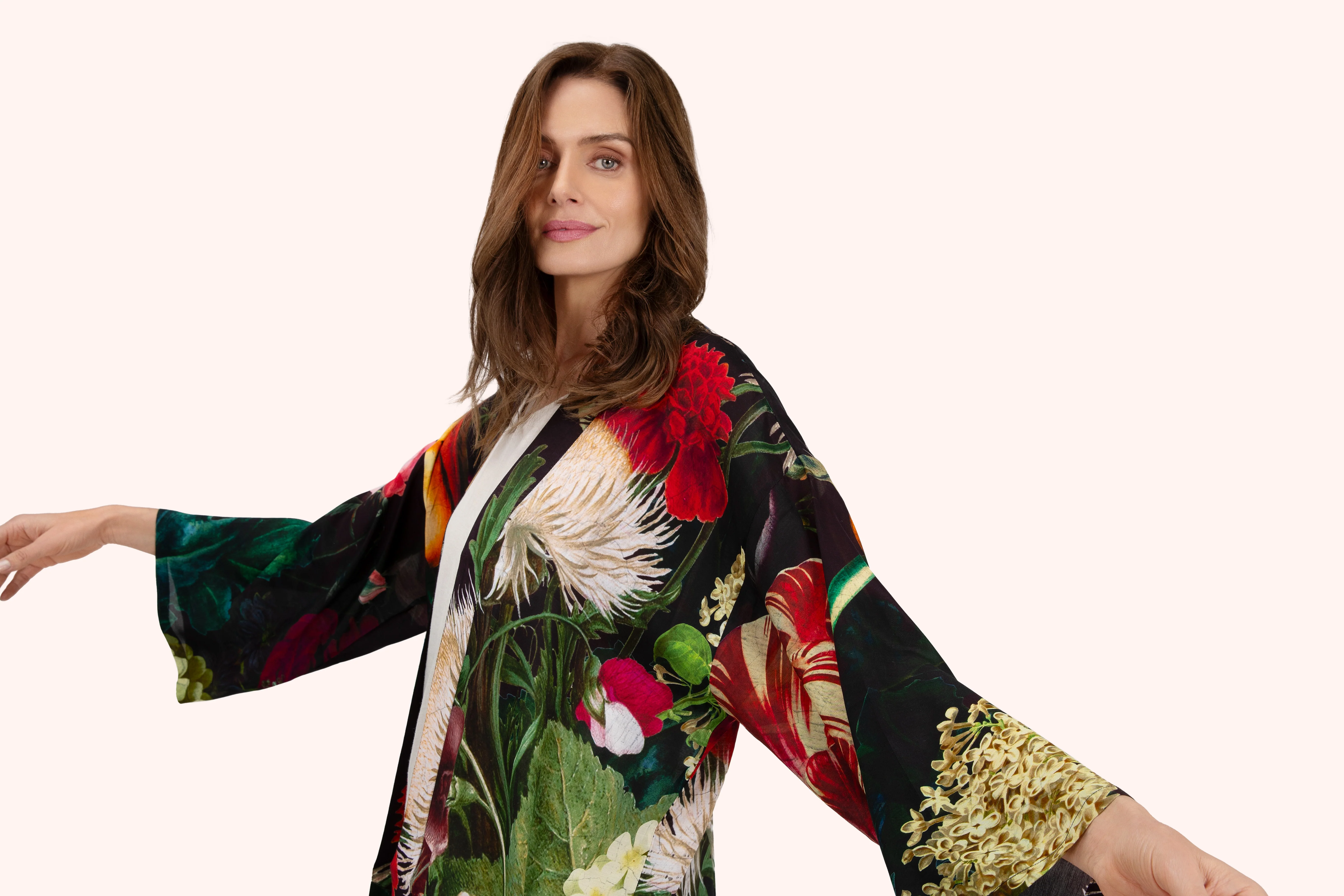 Mid-Length Kimono - Opulant Florals, Chocolate - Image 5