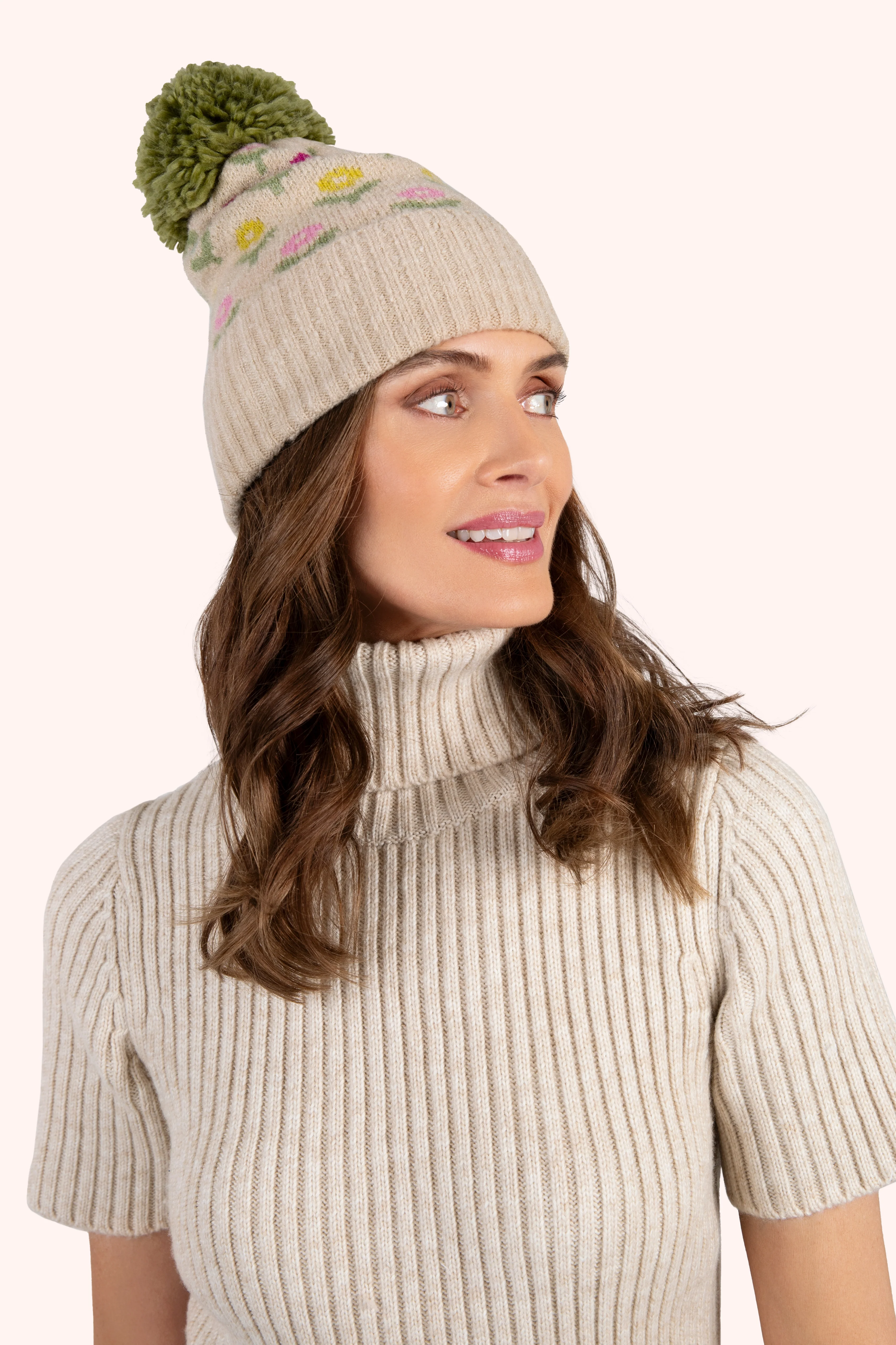 Willow Ditsy Flower Pompom Hat, Cream