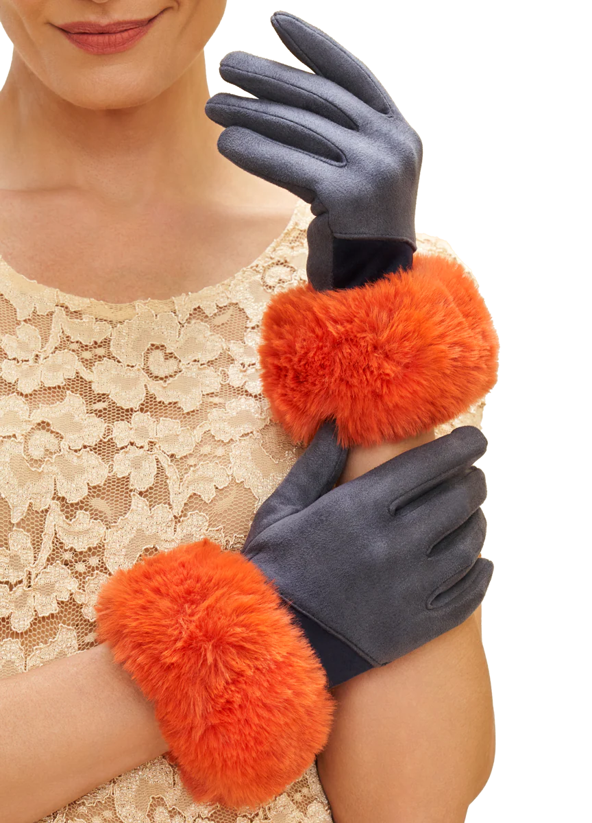 Two Tone Bettina Faux Fur Gloves - Denim