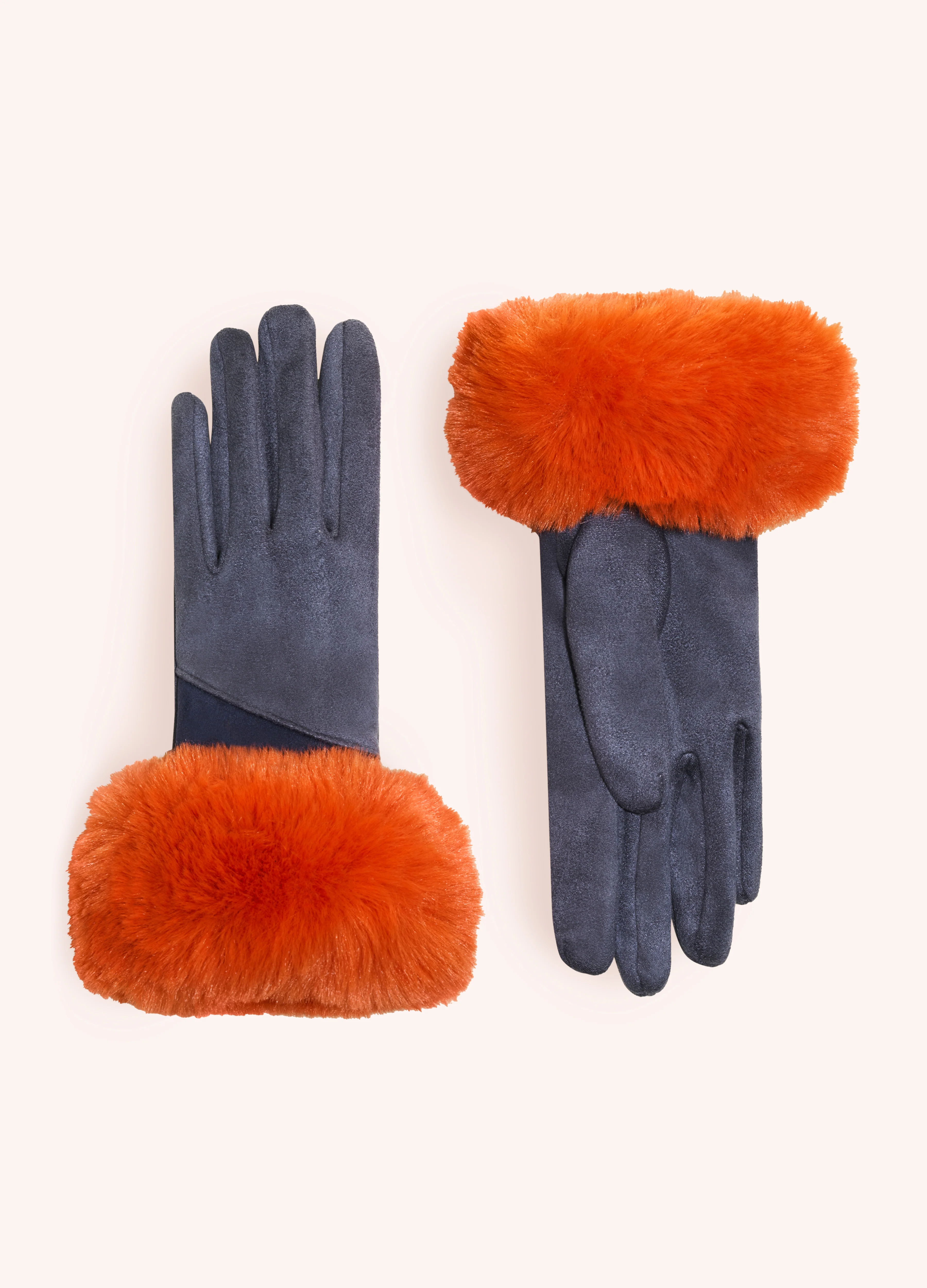 Two Tone Bettina Faux Fur Gloves - Denim - Image 2