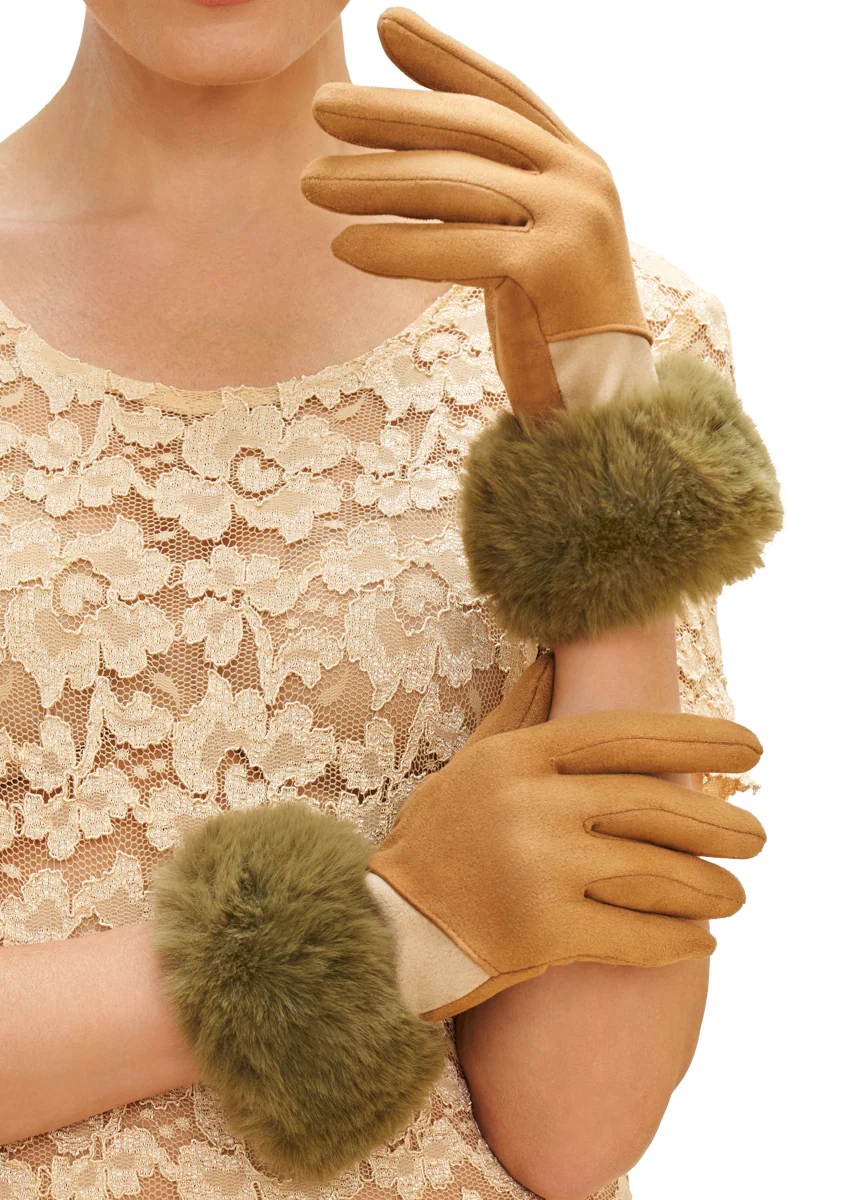 Two Tone Bettina Faux Fur Gloves - Sand