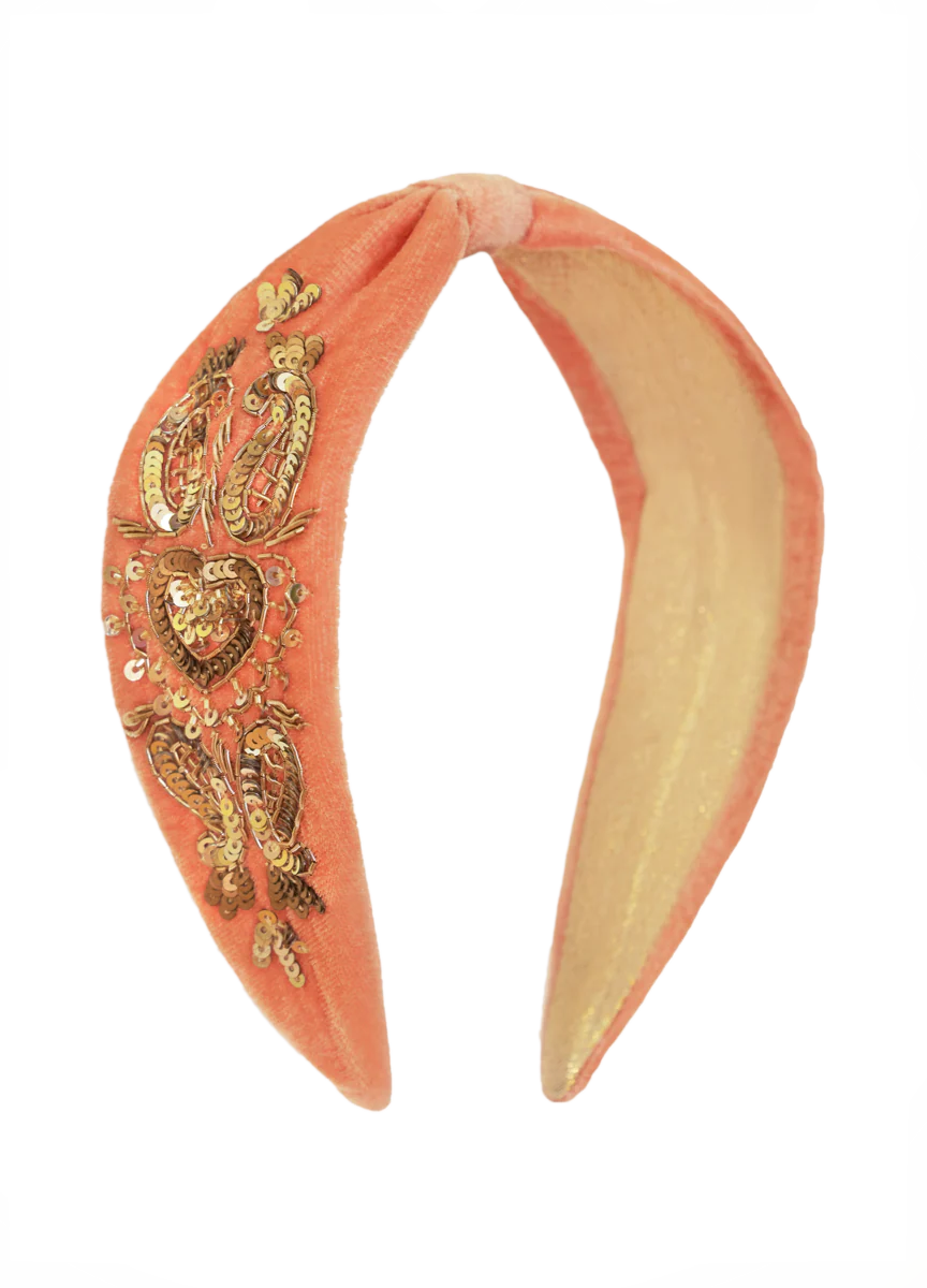 Velvet Embellished Headband - Heart, Coral