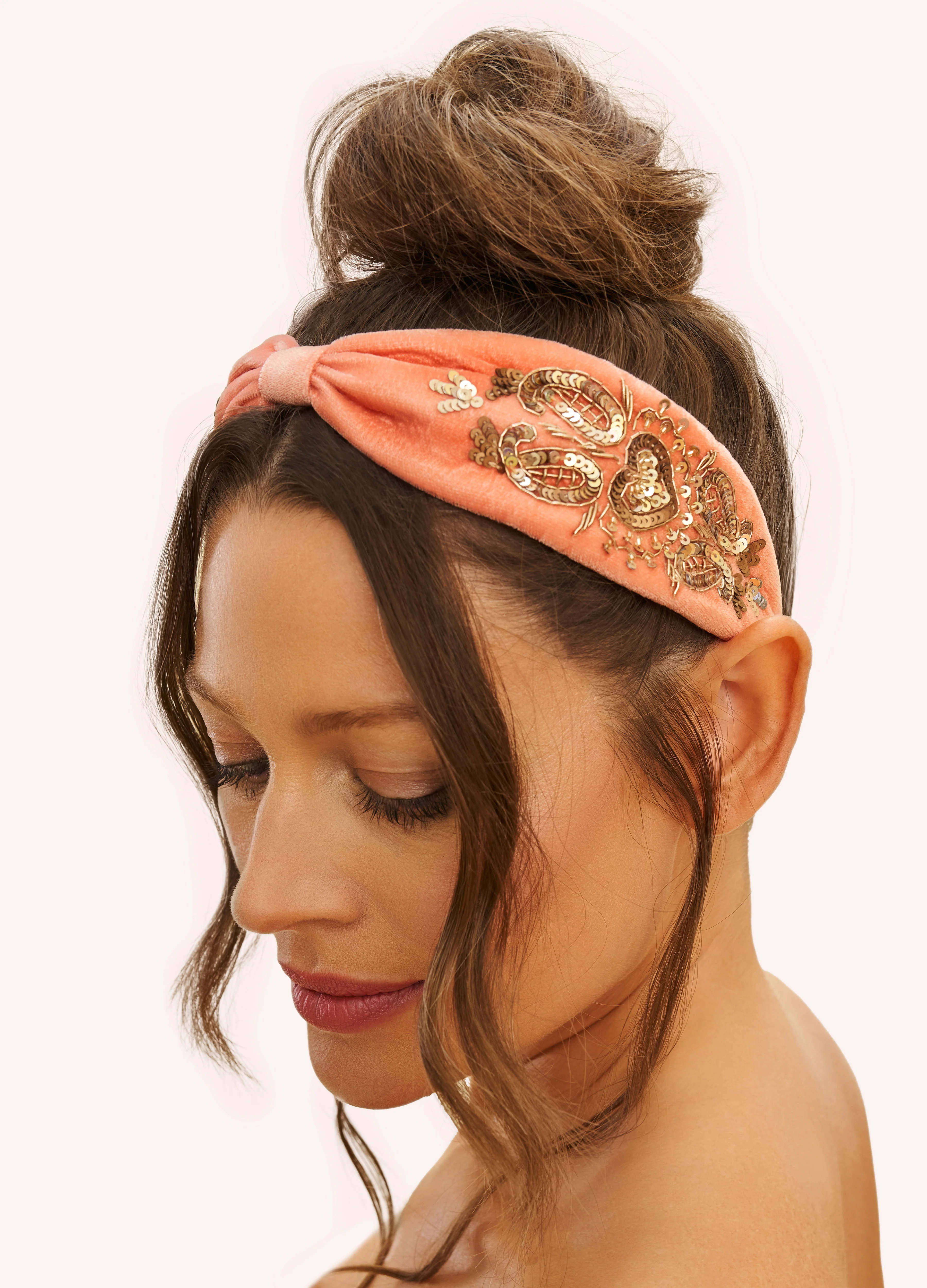 Velvet Embellished Headband - Heart, Coral - Image 2