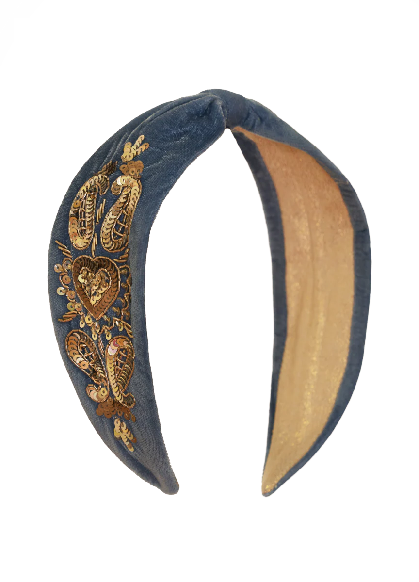 Velvet Embellished Headband - Heart, Royal Blue