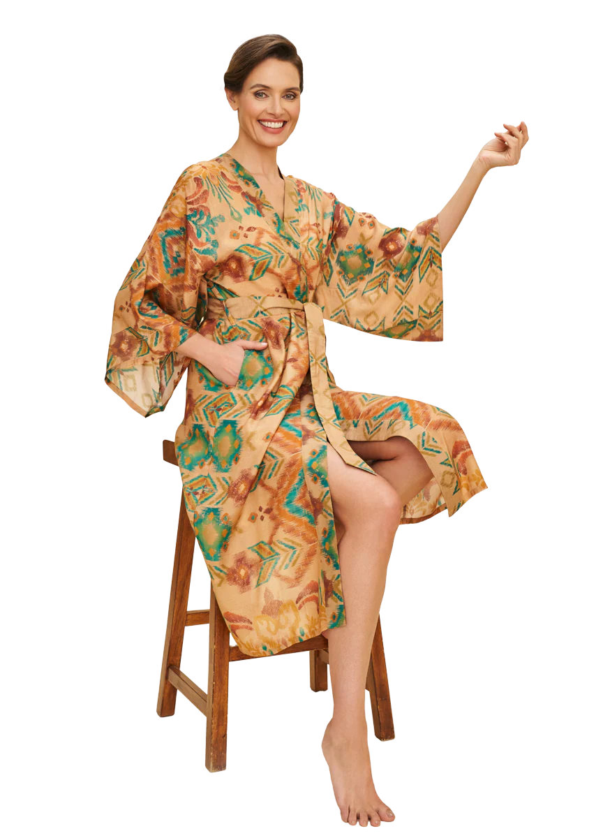 Warm Cream Ikat Kimono Gown - Image 3